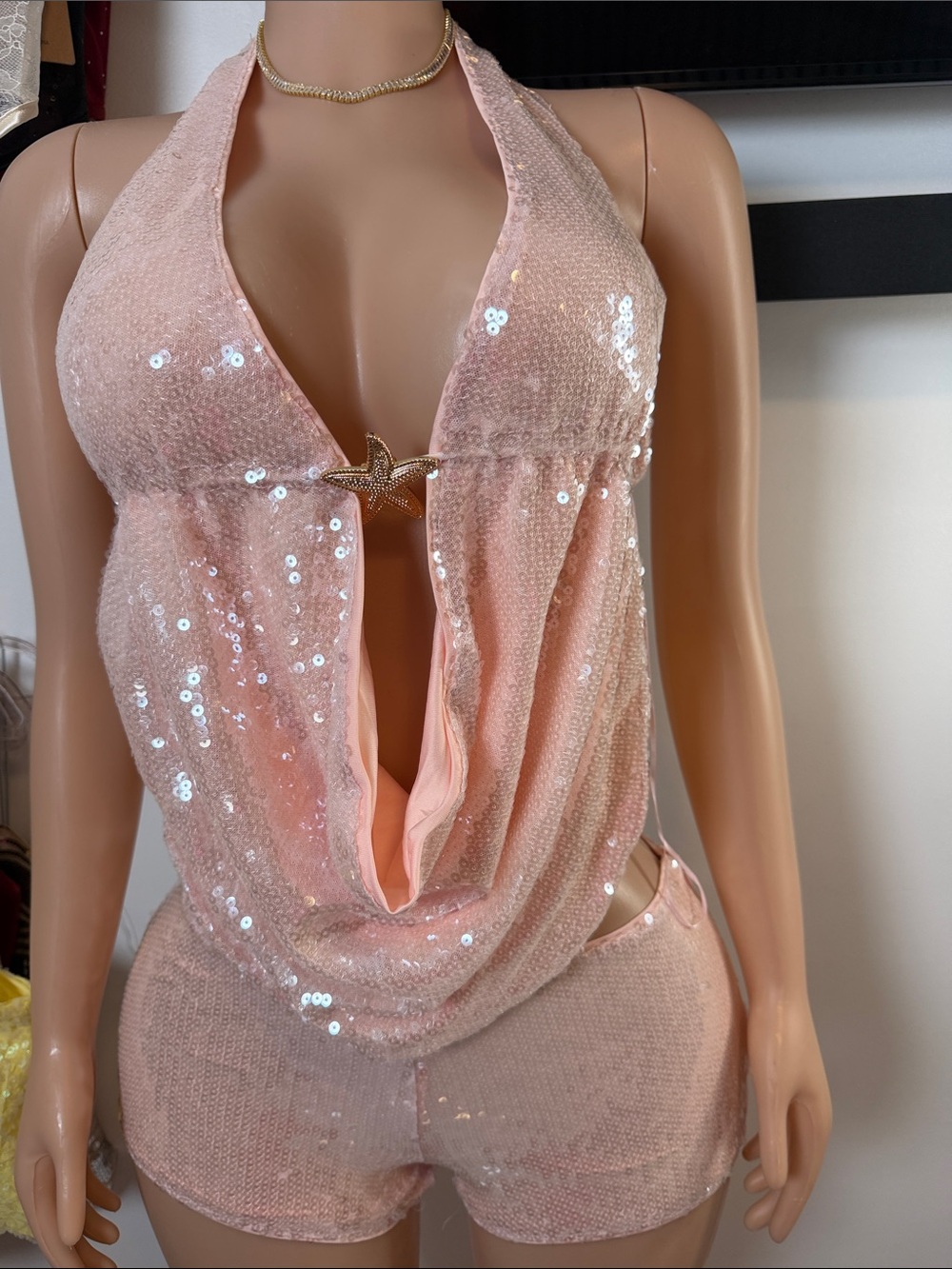 Pink Sequin Halter Romper with Star Accent